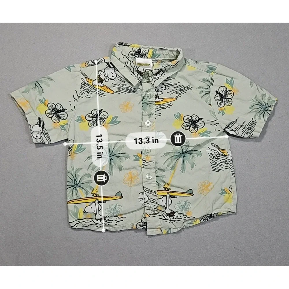 Peanuts Snoopy Surfing Hawaiian Shirt Boys Button-Up 3T‎ Green Short Sleeves